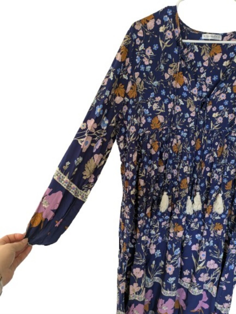R.Vivimos Long Sleeve Floral Boho Summer Dress Size 2XL Plus Tassles Rayon - Picture 4 of 5